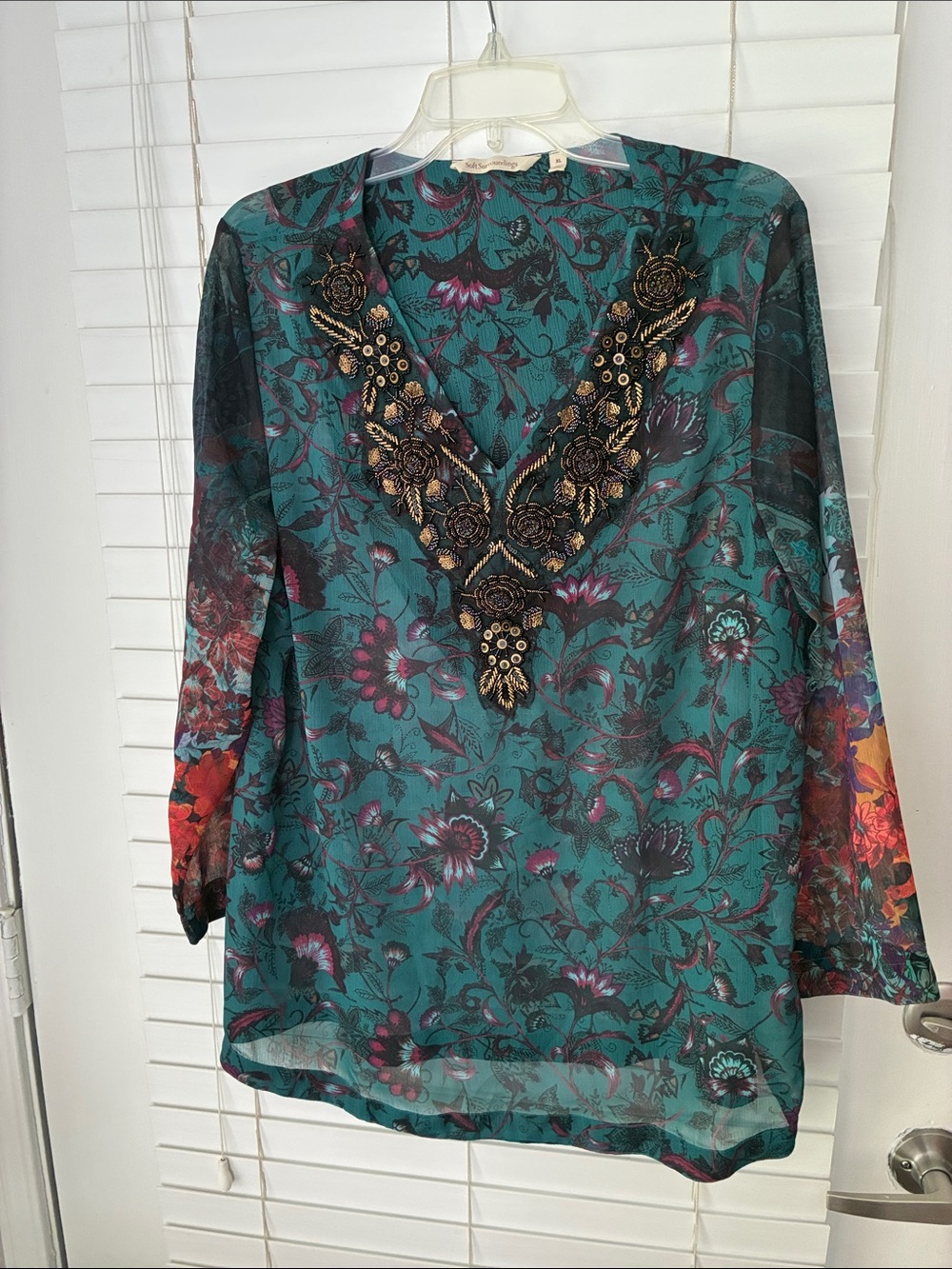 Soft Surroundings Beaurie Top Blouse Boho Embellished V Neck Sheer  SZ XL Green